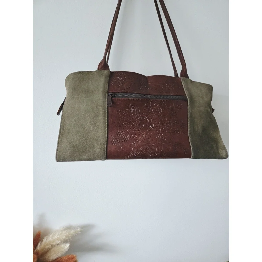 Leaders in Leather Purse Tooled Brown Leather‎ Green Suede Bag Floral Pattern